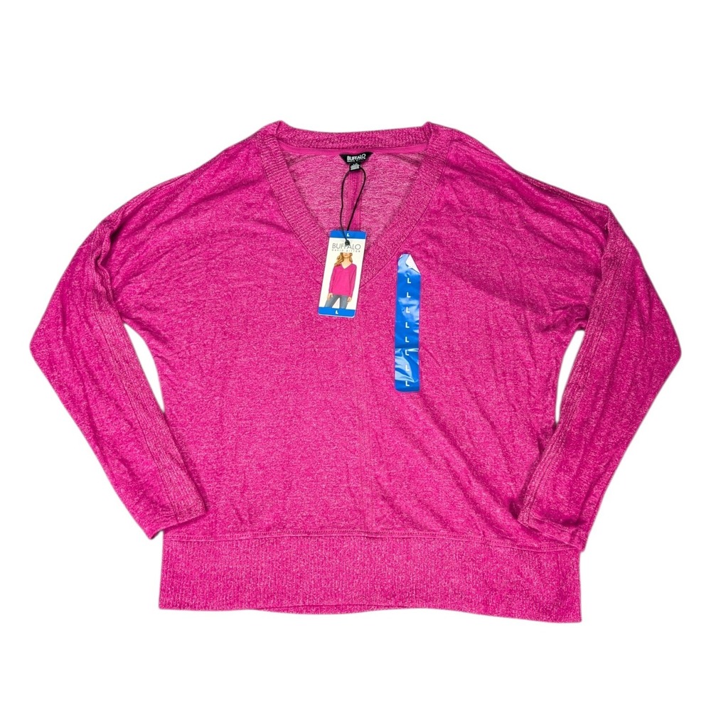 Buffalo David Bitton Womens Pink Heathered V-Neck Long Sleeve Knit Top Large NWT